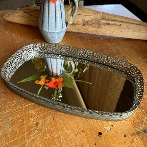 Vintage mid century rectangular gold tone filigree metal mirrored vanity…